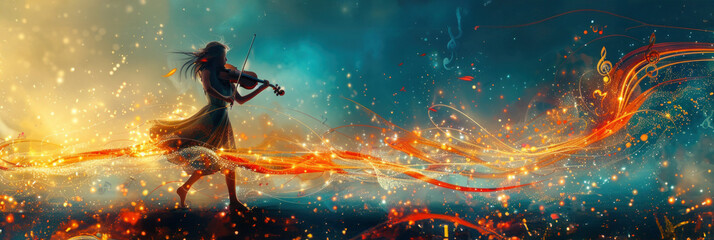 Majestic violinist amidst abstract fiery waves