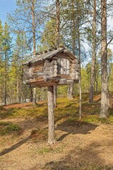 Old Skolt Sami small storeroom at Sevettijärvi open-air museum in spring, Lapland, Finland.