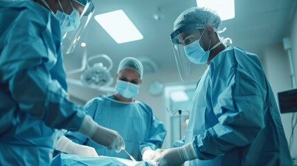 Doctors and nurses in the operating room in an environment with ambient light.