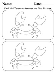 Crab Puzzle. Printable Activity Page for Kids. Educational Resources for School for Kids. Kids Activity Worksheet. Find Differences Between 2 Shapes