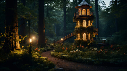 A mystical tower stands tall amidst a dark forest, creating an enchanting scene in the moonlit night.
