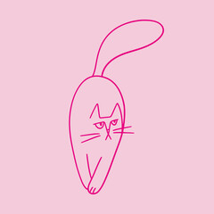 Cute doodle cat with funny grumpy face. Hand drawn outline walking kitty. Fluffy playful cartoon character for t-shirt print, decorations.