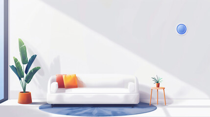 White sofa in living room, blue carpet, light orange plant stand with small green potted plants, orange cushions, simple design,  flat illustration style