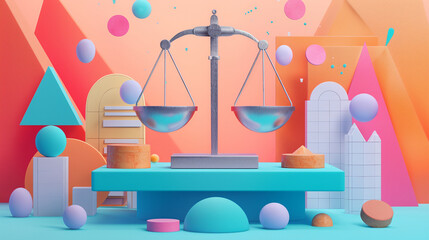 Abstract 3D Illustration of Balancing Scale With Geometric Shapes in Vibrant Colors