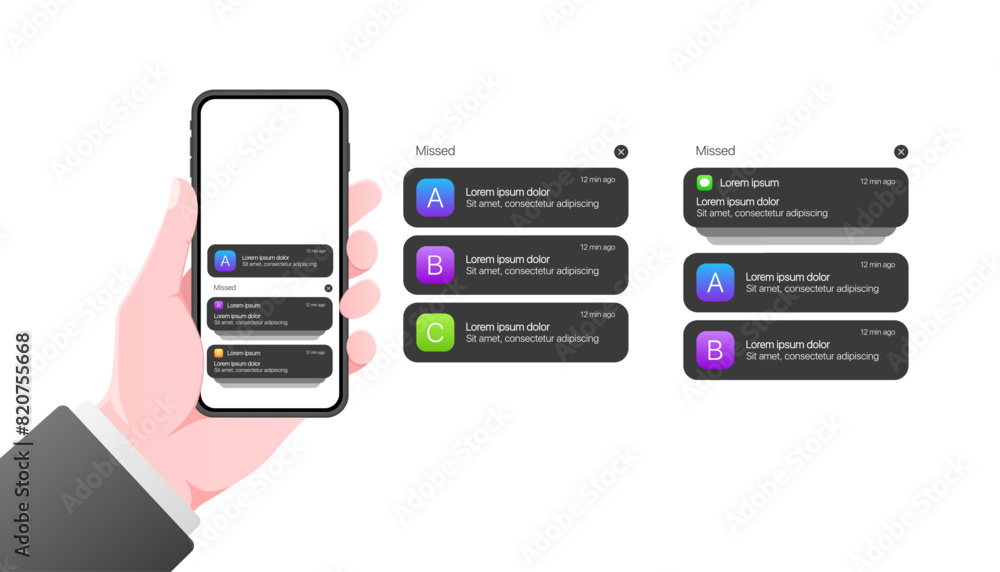 Poster phone notification screen icon. notification string mockup. iphone mockup screen. flat style. vector