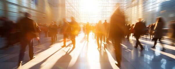 A dynamic image of silhouetted people in motion, bathed in sunlight inside a modern architecture setting, evoking the rush of a workday or travel.