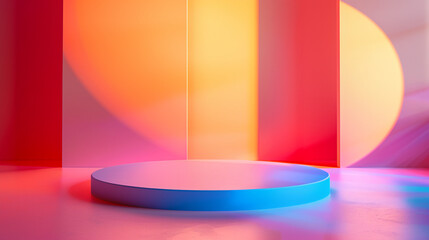 Vibrant Abstract Scene with Colorful Geometric Shapes and Circular Platform