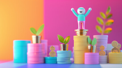 Successful Business Growth and Financial Incentives Depicted with Colorful Stacks of Coins and Plants
