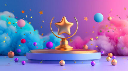 Golden Star Trophy on Vibrant Stage with Colorful Clouds and Confetti