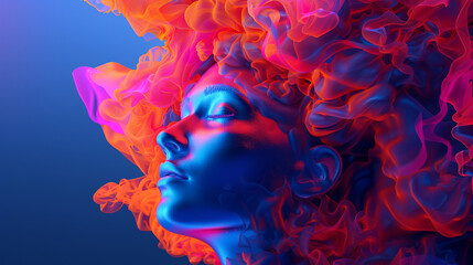 Abstract Digital Art with Colorful Swirling Smoke Around a Tranquil Female Face