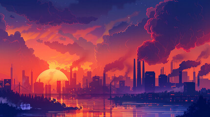 Dramatic Sunset Over Polluted City Skyline Illustrating Climate Change