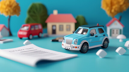 Miniature Toy Cars and Insurance Document Concept in a Toy Neighborhood