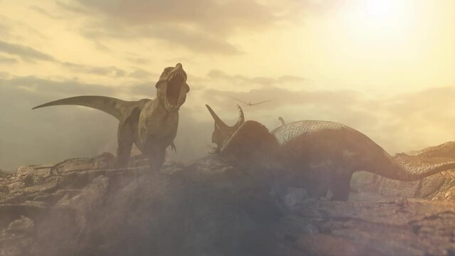the battle of the dinosaurs Tyrannosaurus vs Triceratops render 3D