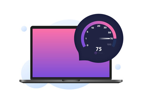 Internet speed speedometer. Laptop screen mockup. 75 Mbps. Flat style. Vector icon