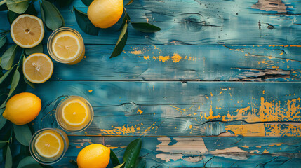 Flat lay composition with fresh lemon juice on wooden