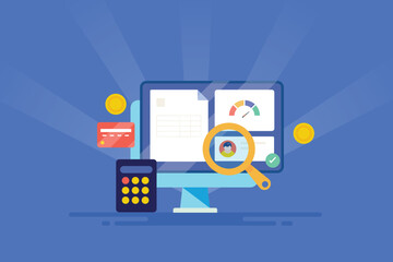 Credit score report check, business financial document digital banking account calculation concept, good rating credit card vector illustration.