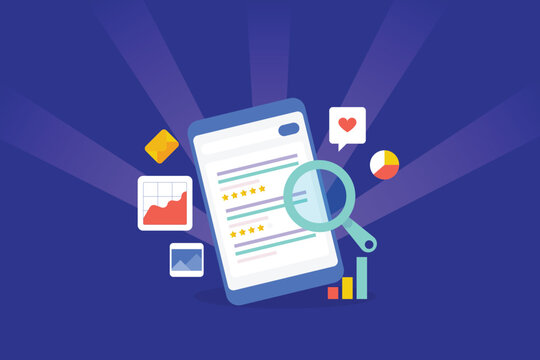 Serach engine result on mobile screen with content, data analytics, web traffic growth and user engagement conceptual SEO vector illustration.