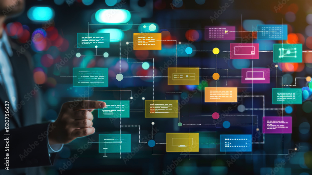Poster a person interacting with a futuristic holographic interface displaying colorful flowcharts and data