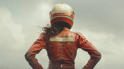 female motor racer, back view, standing