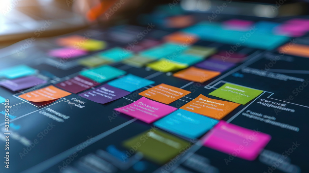 Poster a project management board with colorful sticky notes depicting tasks, milestones, and progress in v