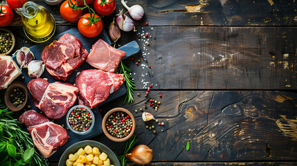 Flat lay composition with raw meat and products 