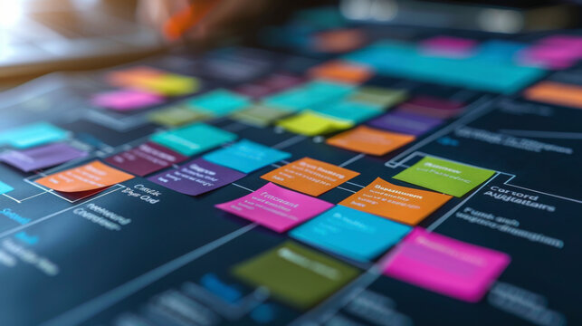 A project management board with colorful sticky notes depicting tasks, milestones, and progress in various stages of completion, used for organizational workflow visualization.