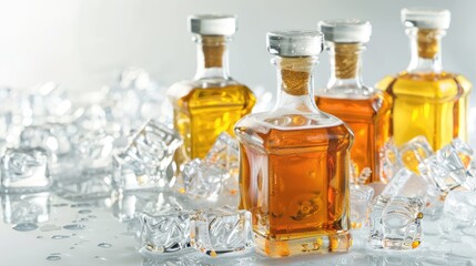 glass bottles with alcohol in ice cubes. Selective focus