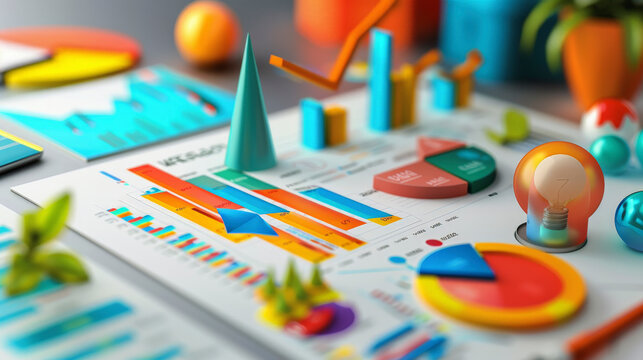 3D colorful infographic elements like pie charts, graphs, and icons on a white paper, representing data visualization and business analytics.