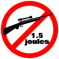 Weapons above 1.3 joules not allowed. Airsoft field forbidden red circle sign.