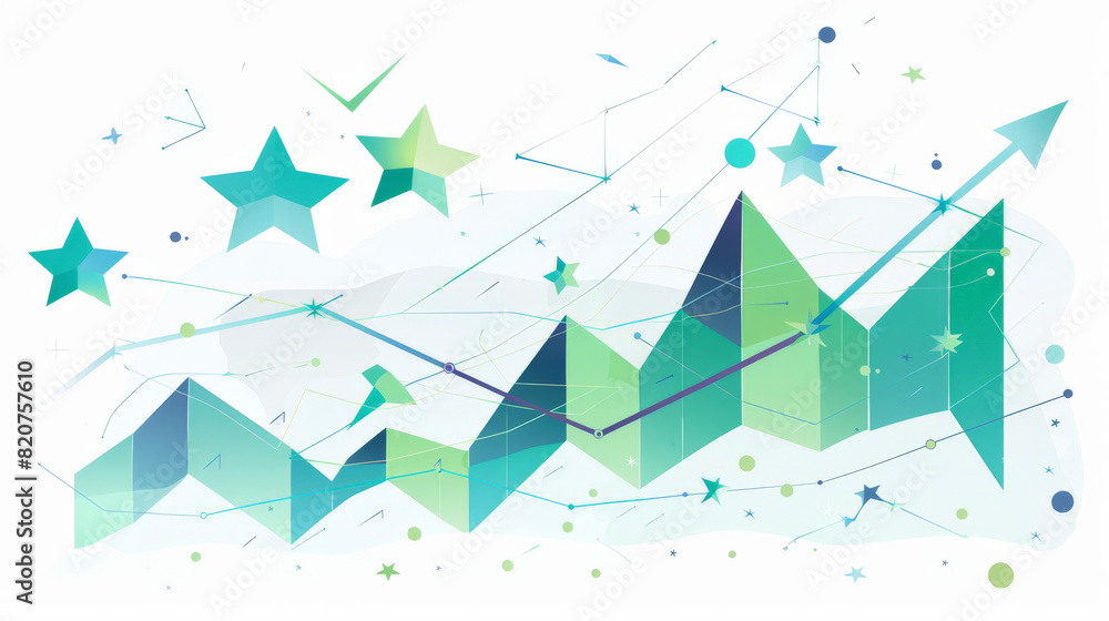 Poster abstract design with geometric mountains, a rising line graph pattern overlay, and scattered stars o