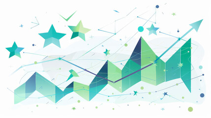 Abstract design with geometric mountains, a rising line graph pattern overlay, and scattered stars on a soft pastel background with futuristic accents.