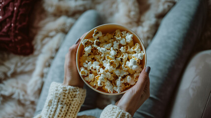 a woman's hand holding popcorn, the crunchy texture of the popcorn is clearly visible, Ai generated Images