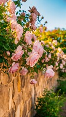Background of gentle light pink roses on stonewall in garden summer day