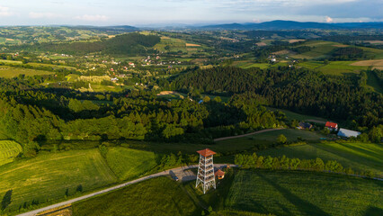 Lookout Tower in Brusnik, near Ciezkowice in Lesser Poland overlooking hills and farmfields