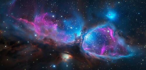 A deep space view showing a nebula with swirling colors of blue, purple, and pink, with distant...