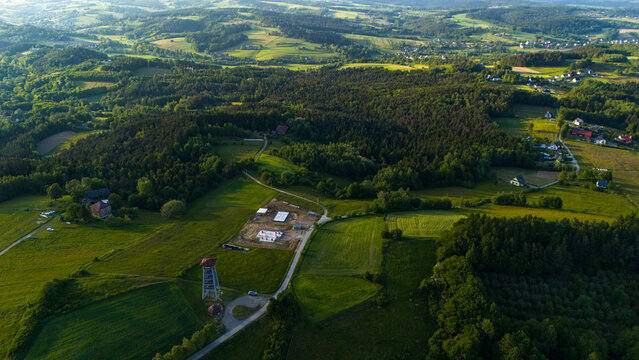 Lookout Tower in Brusnik, near Ciezkowice in Lesser Poland overlooking hills and farmfields