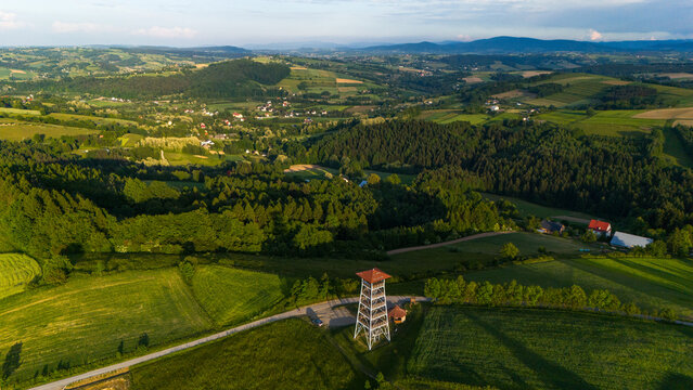 Lookout Tower in Brusnik, near Ciezkowice in Lesser Poland overlooking hills and farmfields