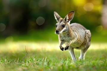 Fototapeta premium Wallaby hopping in a yard