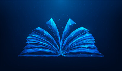open book digital e-learning education.study and knowledge on blue background.vector illustration low poly wireframe