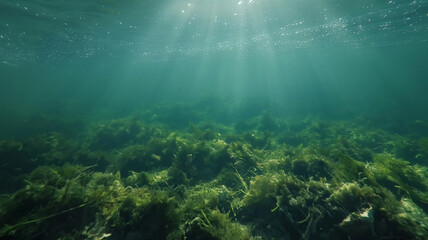 Obraz premium Underwater sun rays with green algae quivering at the bottom of the sea. Landscapes photograph