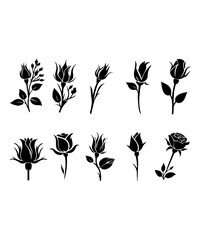 Black roses flowers silhouette set vector drawing.Floral beautiful wedding element.Stencil tattoo design.Decor.Decoration.Vinyl wall sticker decal