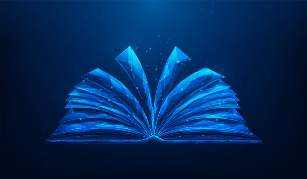 open book digital e-learning education.study and knowledge on blue background.vector illustration low poly wireframe