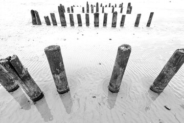 A destroyed wooden pier leading to the sea, viewed from above. Black and white photography.