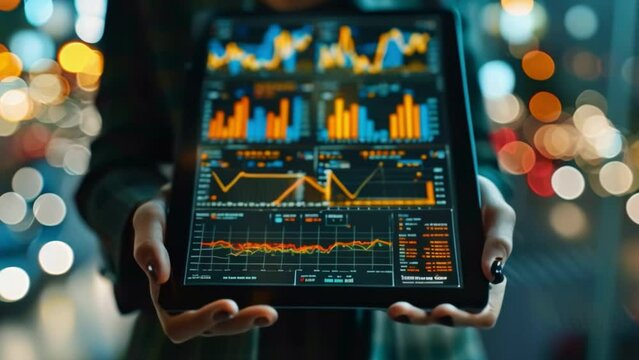 A Hand holding a tablet with dynamic financial analysis on the screen Demonstrate data-driven decision making.