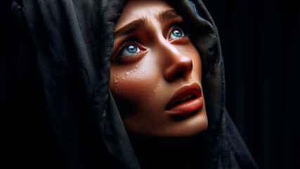Naklejka premium Emotional close-up portrait of a veiled woman looking up. Biblical character.