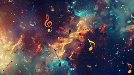A colorful space scene with musical notes scattered throughout