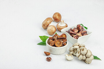 Assortment of various mushrooms - fresh, dried and pickled. Oyster, cremini, porcini and shiitake
