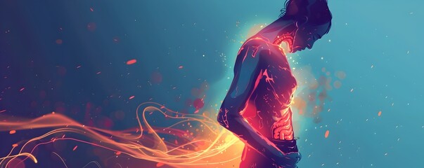 Glowing Silhouette with Fiery Aura Indicating Severe Abdominal Distress