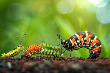 Naklejka premium A Caterpillar Transforming into a Butterfly, Illustrating the Stages of Metamorphosis