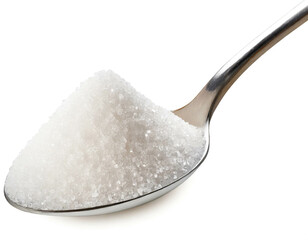 Zucker auf L&ouml;ffel isoliert auf wei&szlig;en Hintergrund, Freisteller 